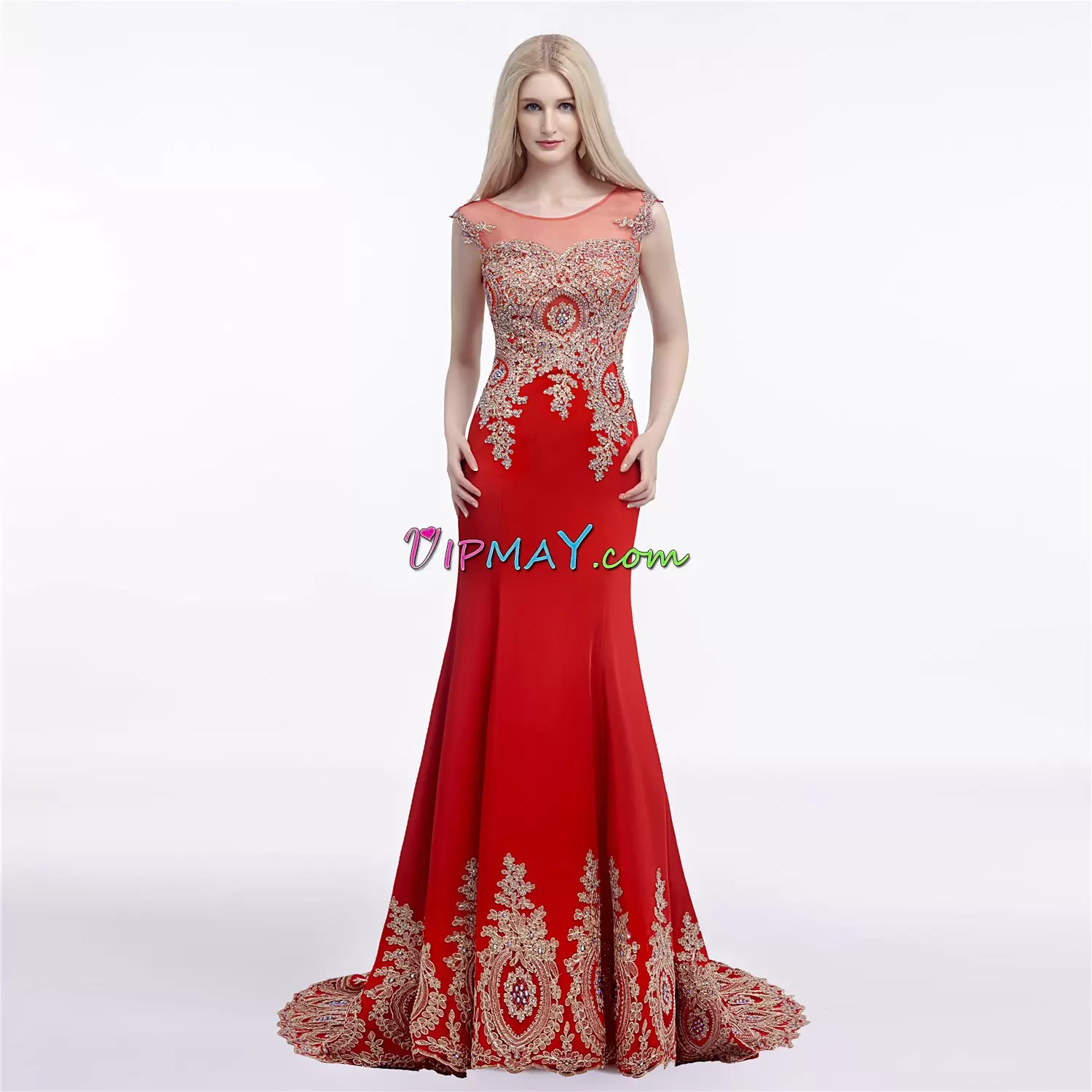 Red Mermaid Scoop Sleeveless Floor Length Brush Train Side Zipper Beading and Appliques Junior Homecoming Dress