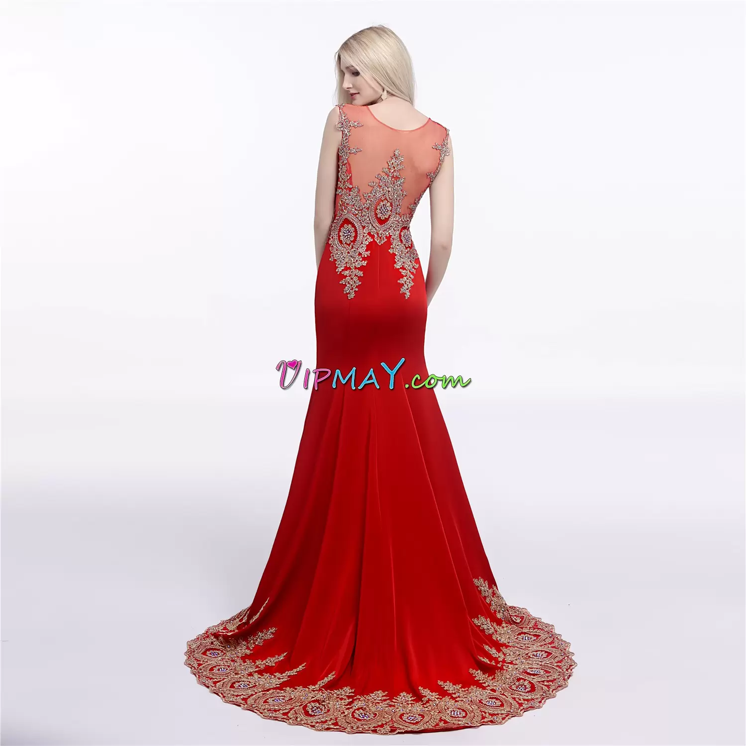 Red Mermaid Scoop Sleeveless Floor Length Brush Train Side Zipper Beading and Appliques Junior Homecoming Dress