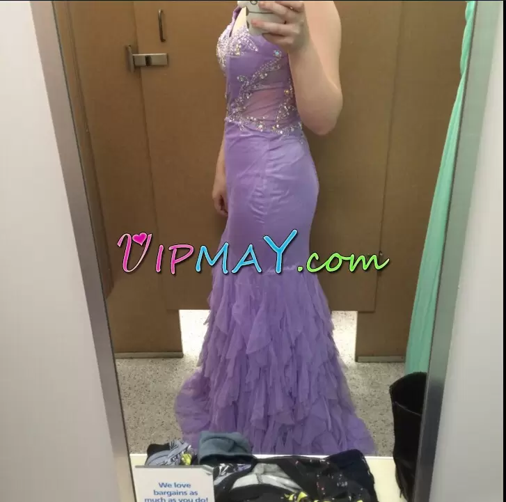 New Arrival Tulle Straps Sleeveless Lace Up Beading and Ruffles Prom Dress in Lavender