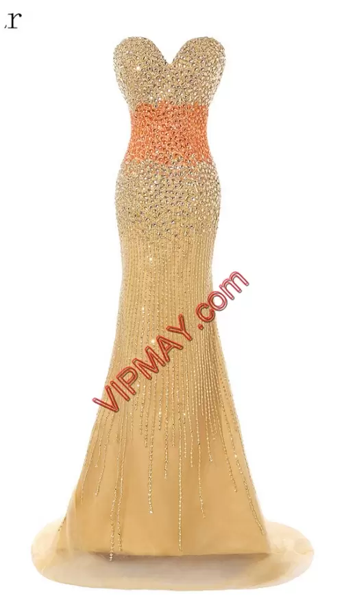 Beauteous Gold Mermaid Sweetheart Sleeveless Tulle Sweep Train Zipper Beading Junior Homecoming Dress