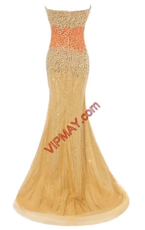 Beauteous Gold Mermaid Sweetheart Sleeveless Tulle Sweep Train Zipper Beading Junior Homecoming Dress