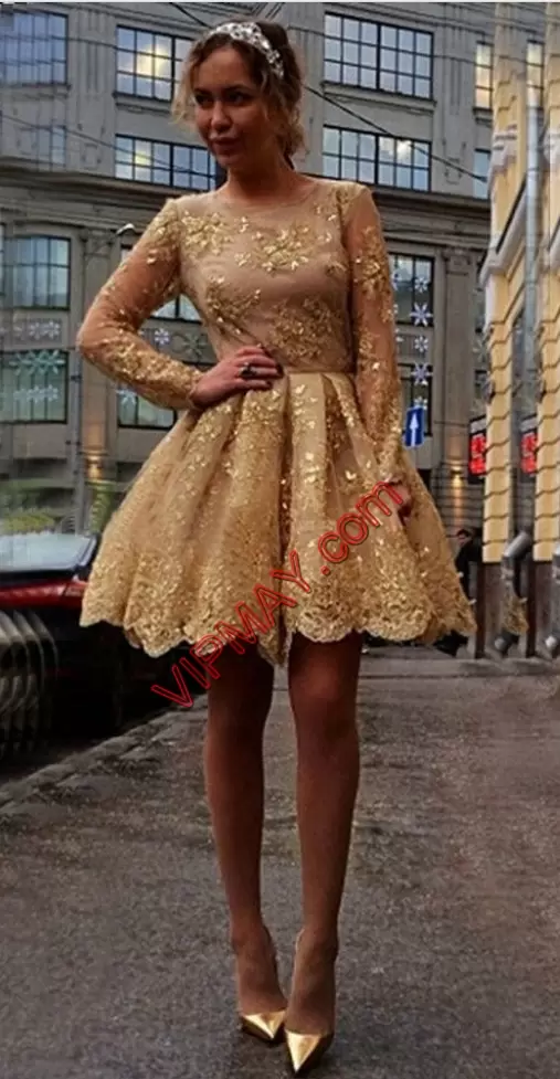 Adorable Champagne Prom Gown Prom and Party and Military Ball with Beading and Appliques Bateau Long Sleeves Zipper