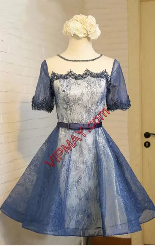 Half Sleeves Mini Length Lace Up Prom Party Dress in Navy Blue with Lace and Appliques