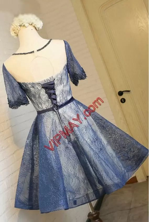 Half Sleeves Mini Length Lace Up Prom Party Dress in Navy Blue with Lace and Appliques