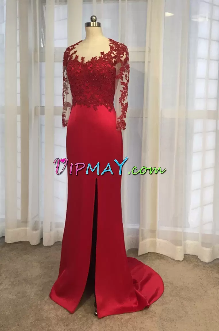 Perfect Lace and Appliques Formal Evening Gowns Red Lace Up Long Sleeves Sweep Train