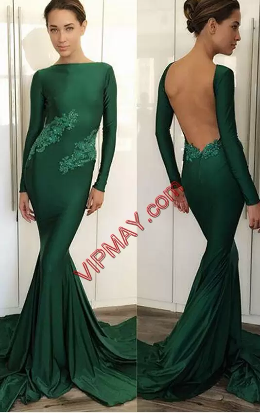 Sweetheart Sleeveless Evening Dress Floor Length Sweep Train Beading and Lace Dark Green Satin