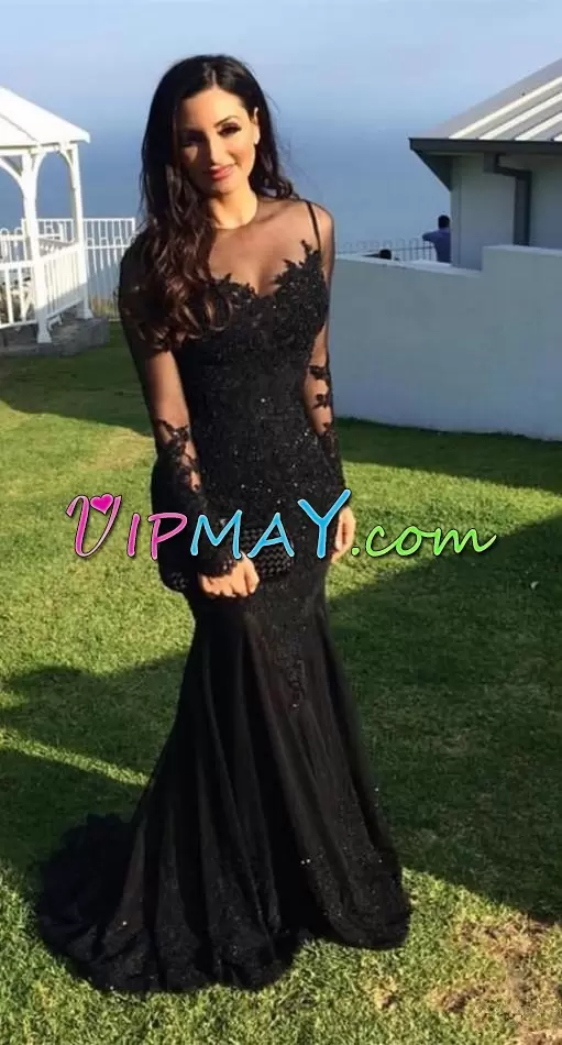 Luxury Black Homecoming Dress Online Prom and Party with Lace Scoop Long Sleeves Sweep Train Lace Up