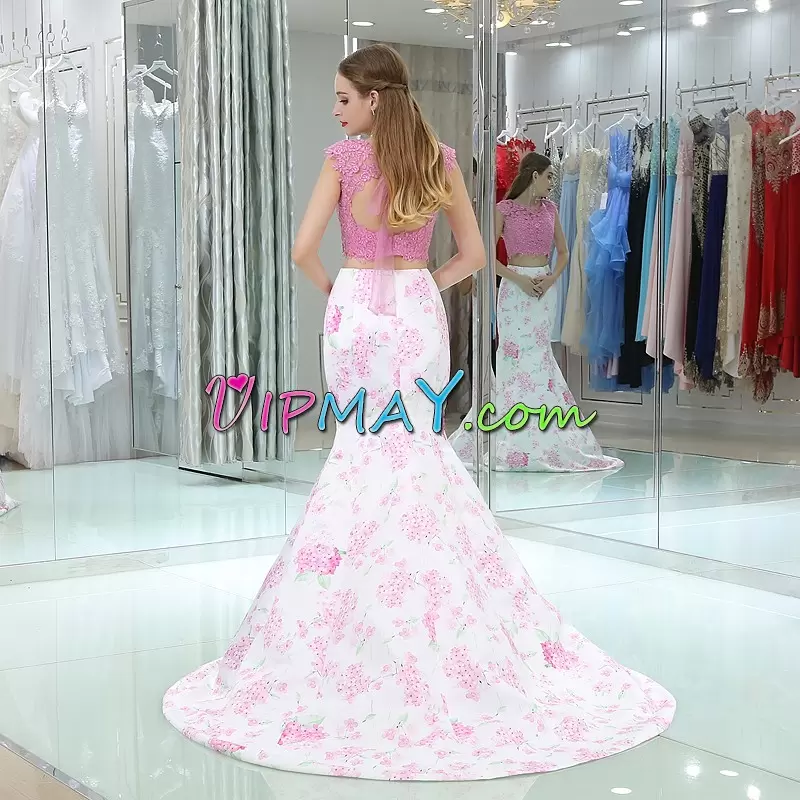 Floor Length Lace Up Prom Dress White and Pink and Hot Pink for Prom and Party with Beading and Lace Sweep Train
