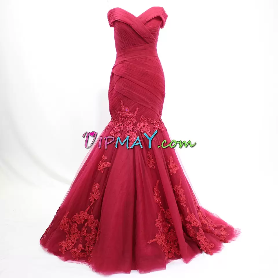 Beauteous Red Prom Party Dress Prom and Party with Appliques Sweetheart Sleeveless Sweep Train Lace Up