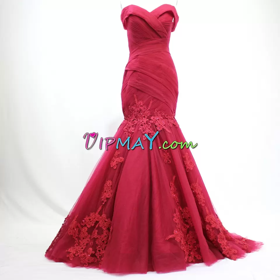 Beauteous Red Prom Party Dress Prom and Party with Appliques Sweetheart Sleeveless Sweep Train Lace Up