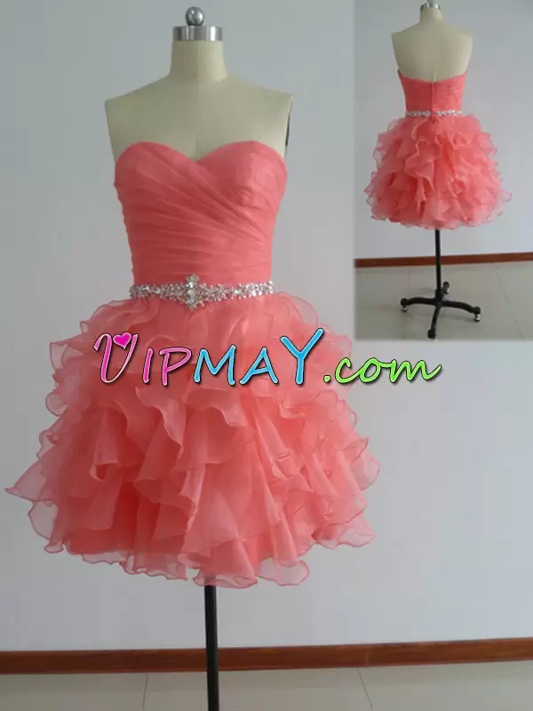 Smart Mini Length Watermelon Red Evening Dress Organza Sleeveless Beading and Ruffles and Ruching