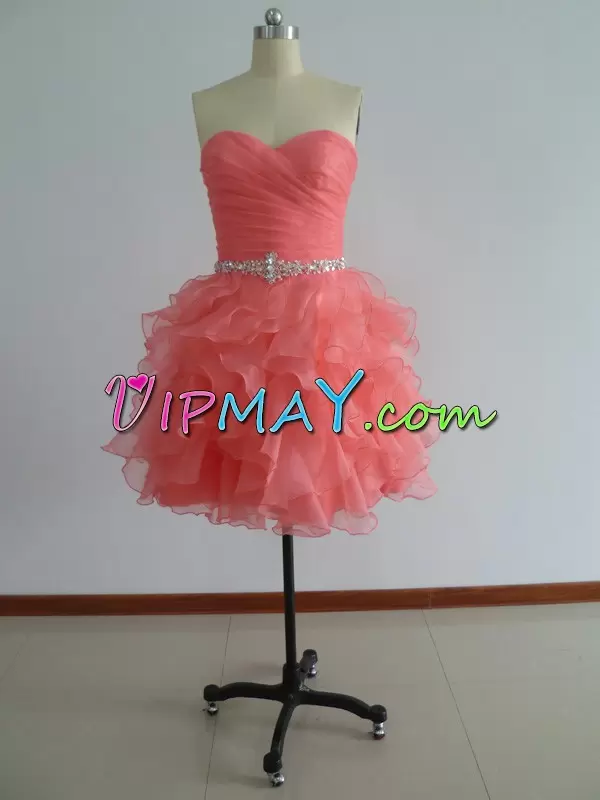 Smart Mini Length Watermelon Red Evening Dress Organza Sleeveless Beading and Ruffles and Ruching