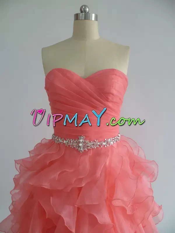 Smart Mini Length Watermelon Red Evening Dress Organza Sleeveless Beading and Ruffles and Ruching