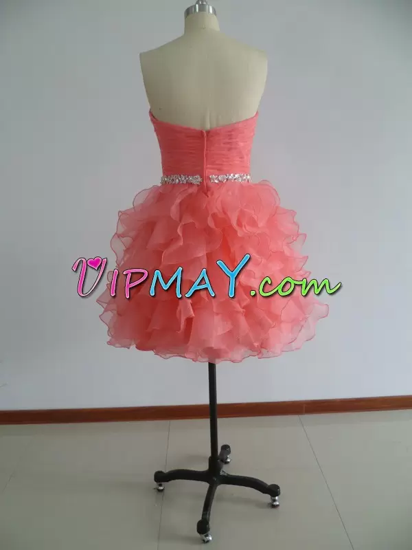 Smart Mini Length Watermelon Red Evening Dress Organza Sleeveless Beading and Ruffles and Ruching