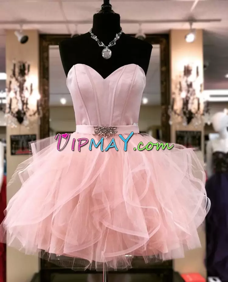 Pink Tulle Lace Up Sweetheart Sleeveless Mini Length Prom Dress Beading and Sashes ribbons