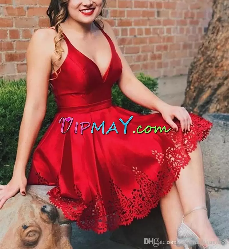 Red Lace Up V-neck Lace Evening Dress Satin Sleeveless