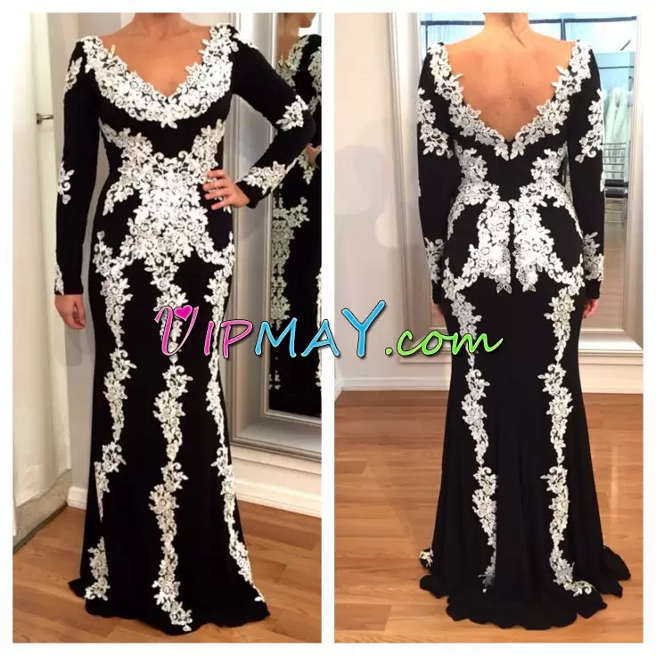 High Quality Black V-neck Neckline Appliques Hoco Dress Long Sleeves Zipper