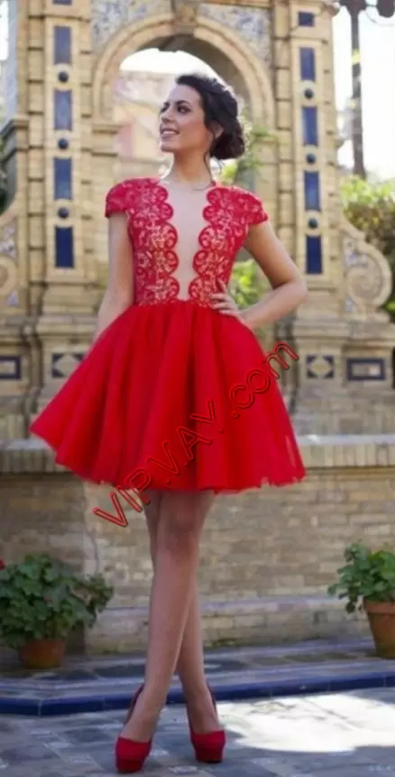 Red A-line Chiffon V-neck Cap Sleeves Lace Mini Length Backless