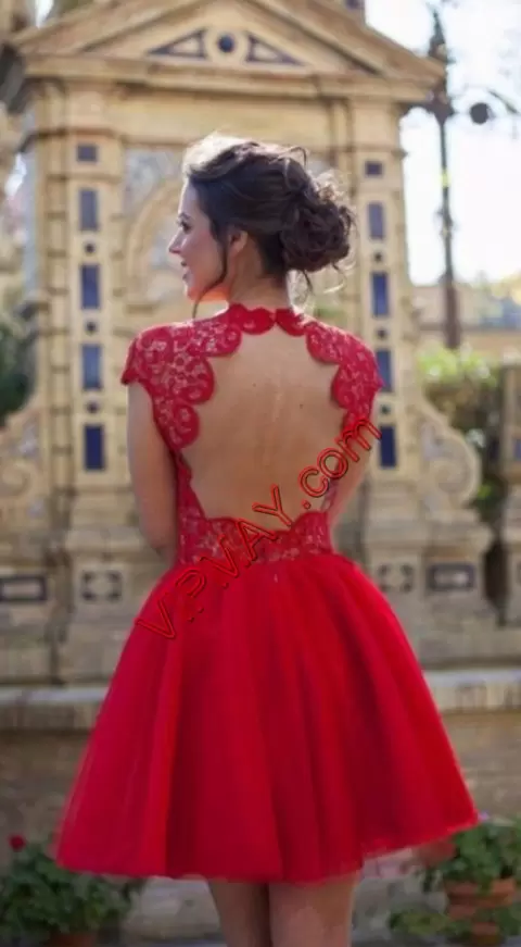 Red A-line Chiffon V-neck Cap Sleeves Lace Mini Length Backless