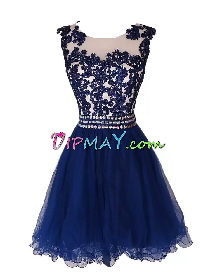 Beading and Lace Homecoming Gowns Navy Blue Side Zipper Sleeveless Mini Length