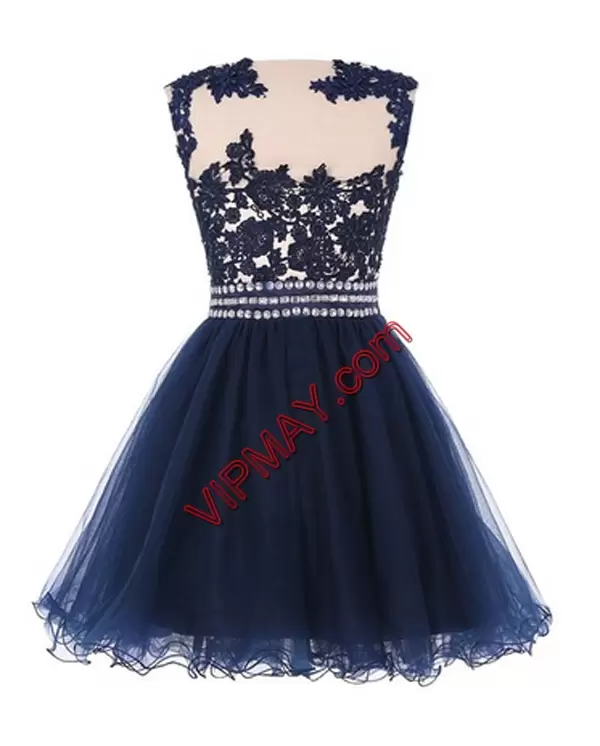 Beading and Lace Homecoming Gowns Navy Blue Side Zipper Sleeveless Mini Length