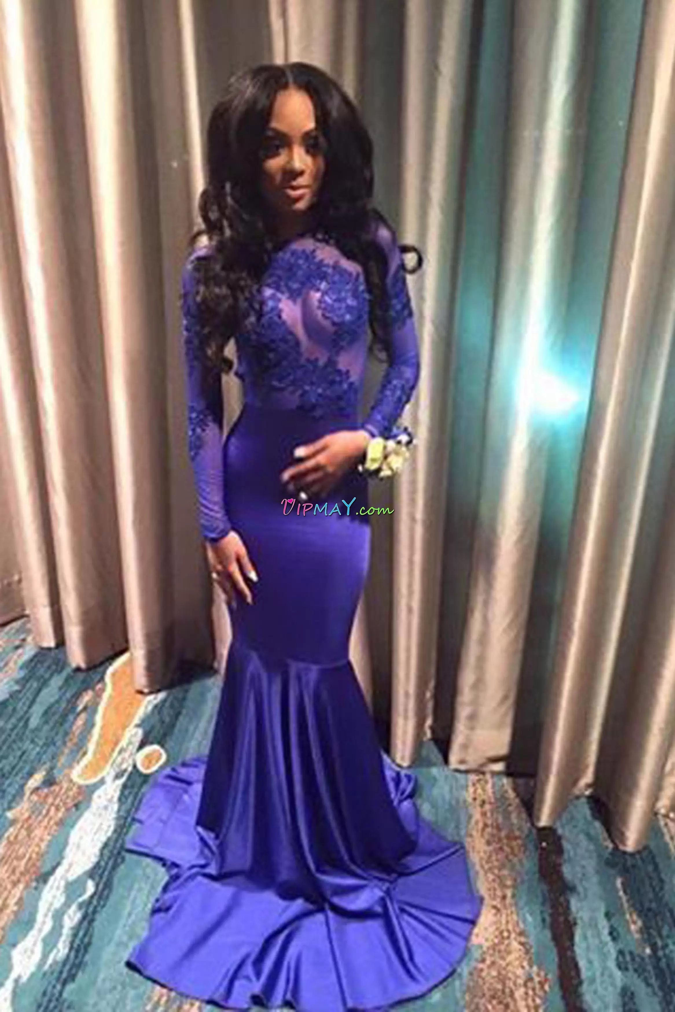 Royal Blue Dress for Prom Lace Long Sleeves Floor Length Brush Train