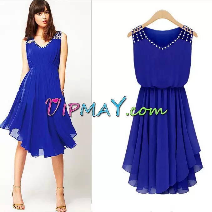 Fancy Blue Empire Beading and Lace Dress for Prom Lace Up Satin and Chiffon Sleeveless Floor Length