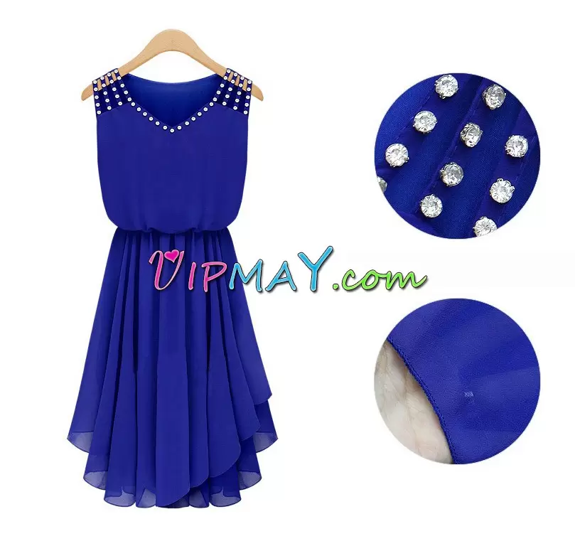 Fancy Blue Empire Beading and Lace Dress for Prom Lace Up Satin and Chiffon Sleeveless Floor Length