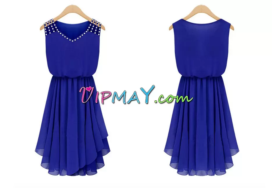 Fancy Blue Empire Beading and Lace Dress for Prom Lace Up Satin and Chiffon Sleeveless Floor Length