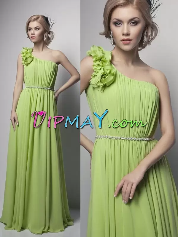 Yellow Green Chiffon Prom Dress Sleeveless Floor Length Beading and Ruching