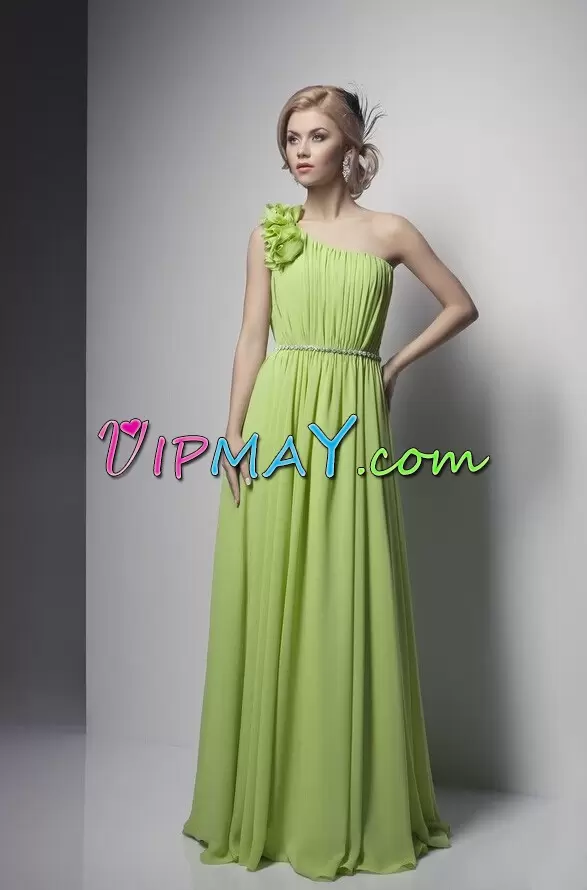 Yellow Green Chiffon Prom Dress Sleeveless Floor Length Beading and Ruching