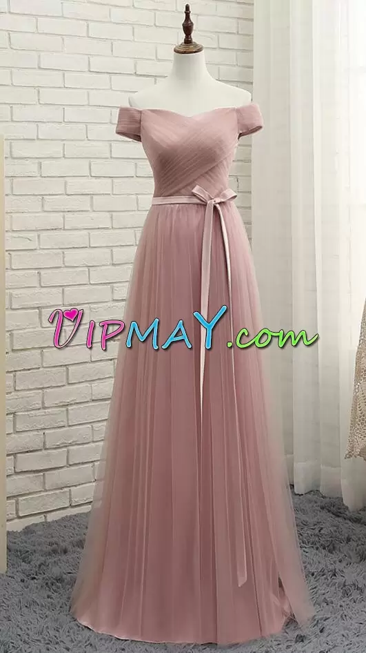 Great Pink Lace Up Off The Shoulder Ruching and Bowknot Dress for Prom Tulle Short Sleeves