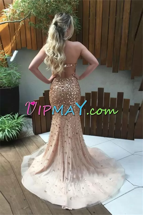 Fitting Peach Satin Lace Up Evening Dress Sleeveless Floor Length Sweep Train Beading and Lace