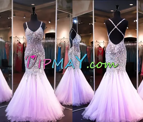 Lilac Tulle Criss Cross Spaghetti Straps Sleeveless Floor Length Prom Gown Beading and Sequins