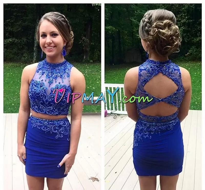 Flare Beading Hoco Dress Royal Blue Backless Sleeveless Mini Length