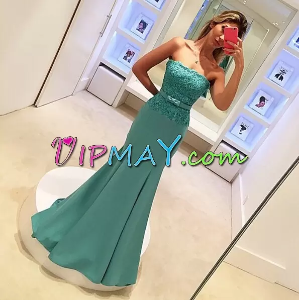 Dark Green Sleeveless Floor Length Beading and Lace Lace Up Prom Dresses Strapless