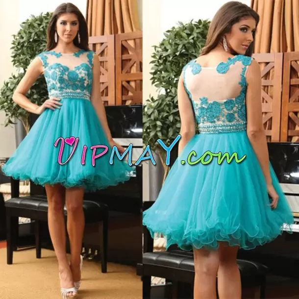 Teal Sleeveless Tulle Side Zipper Prom Dress for Prom and Party