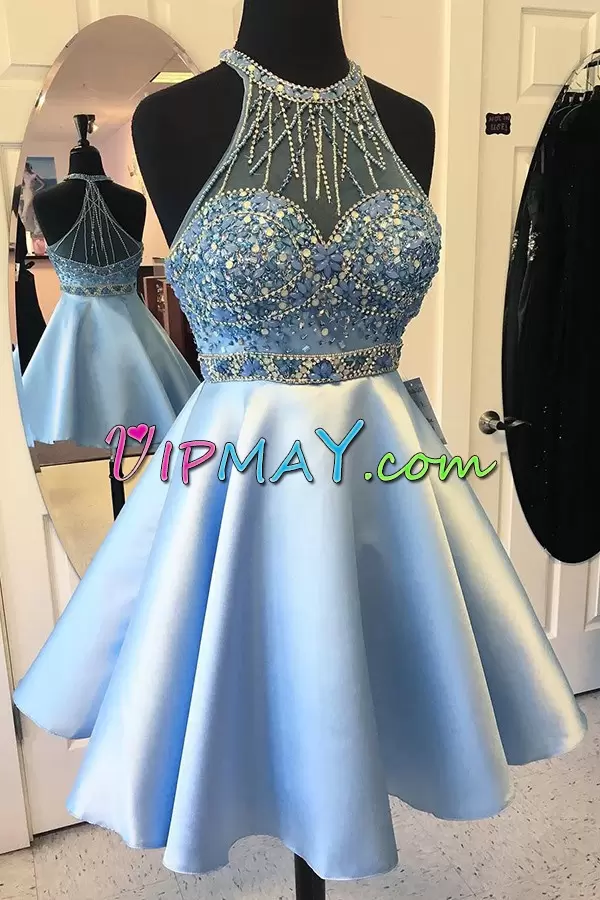 Artistic Blue Halter Top Beading Homecoming Dress Sleeveless