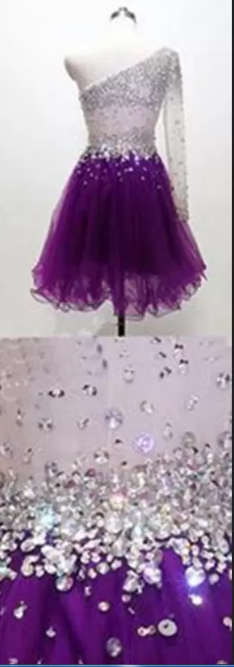 Great Purple Side Zipper One Shoulder Beading Evening Dress Tulle Long Sleeves