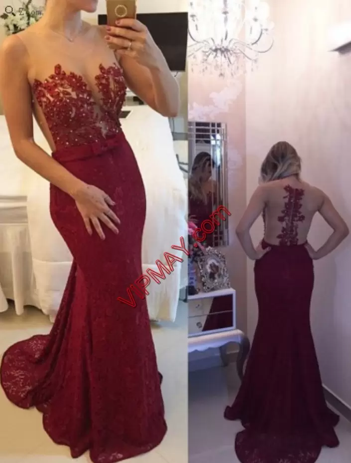 Customized Floor Length Column Sheath Sleeveless Red Prom Evening Gown Brush Train Zipper