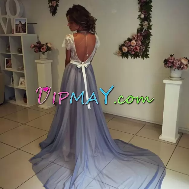 Trendy White and Aqua Blue Backless Sweetheart Beading and Lace Prom Dresses Satin Sleeveless Sweep Train