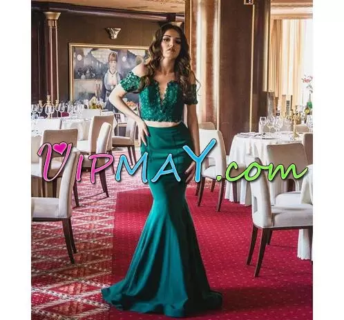 Royal Blue and Dark Green Backless Prom Gown Beading and Lace Sleeveless Floor Length Sweep Train