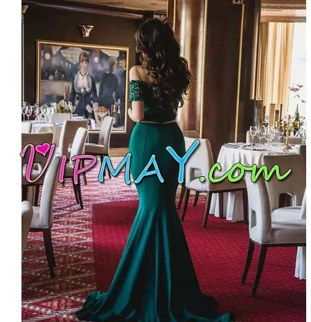 Royal Blue and Dark Green Backless Prom Gown Beading and Lace Sleeveless Floor Length Sweep Train