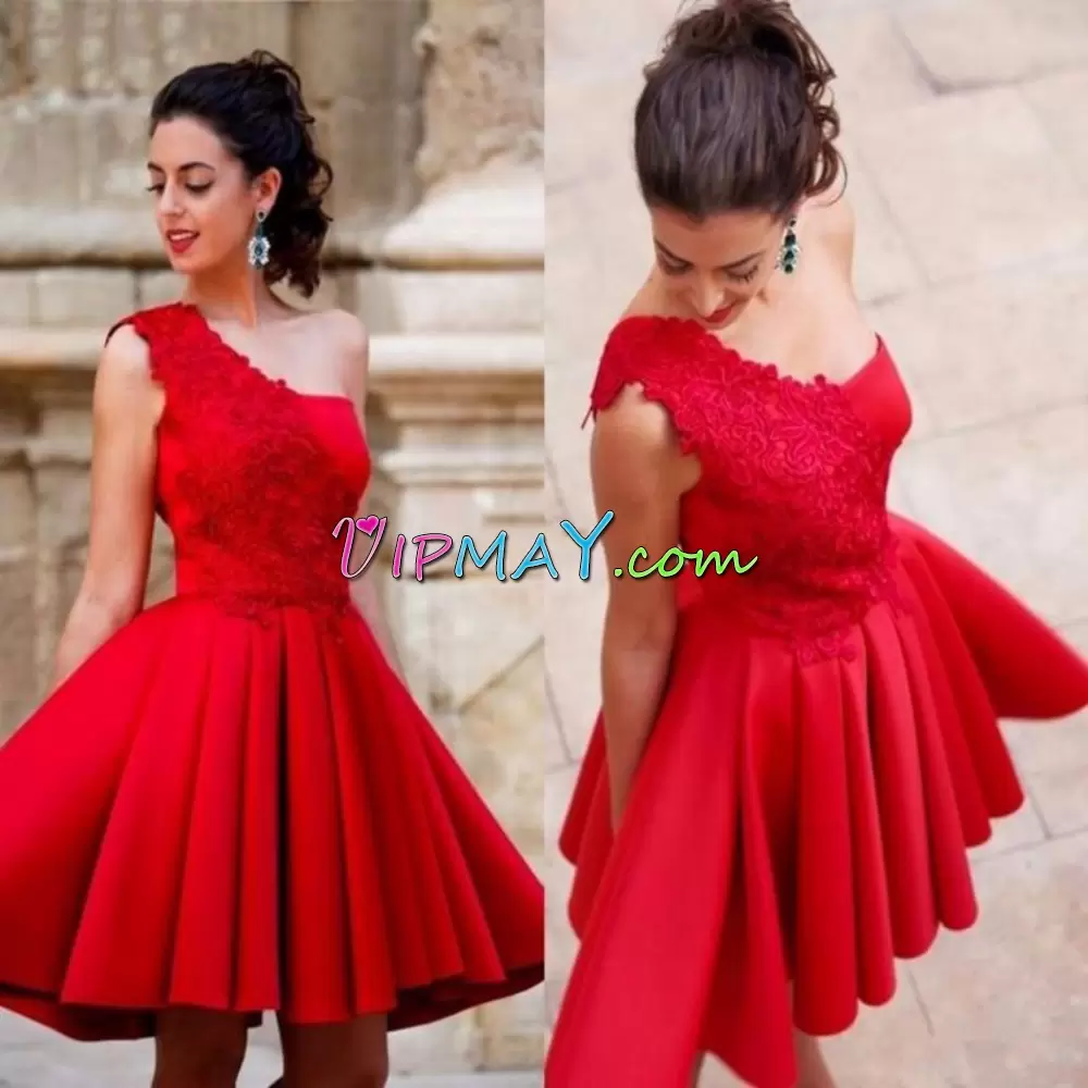 Wonderful Mini Length Red Satin Sleeveless Appliques