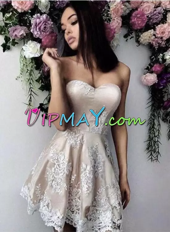 Sweetheart Sleeveless Prom Homecoming Dress Mini Length Ruching Champagne Lace