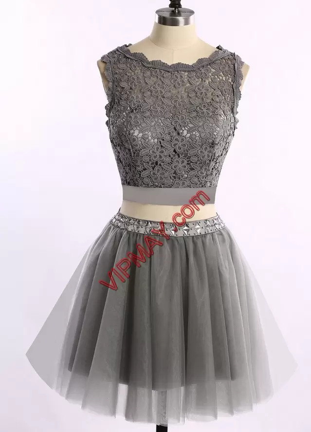 Flirting Two Pieces Prom Dresses Grey Scalloped Tulle Sleeveless Mini Length Backless