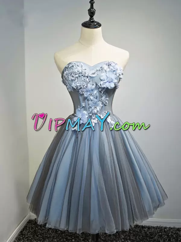 Simple Blue And Black Sweetheart Neckline Hand Made Flower Prom Gown Sleeveless Lace Up