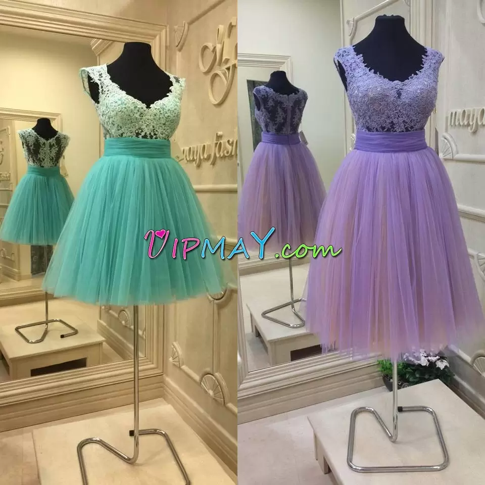 Extravagant Sleeveless V-neck Lace Up Mini Length Lace Prom Gown V-neck