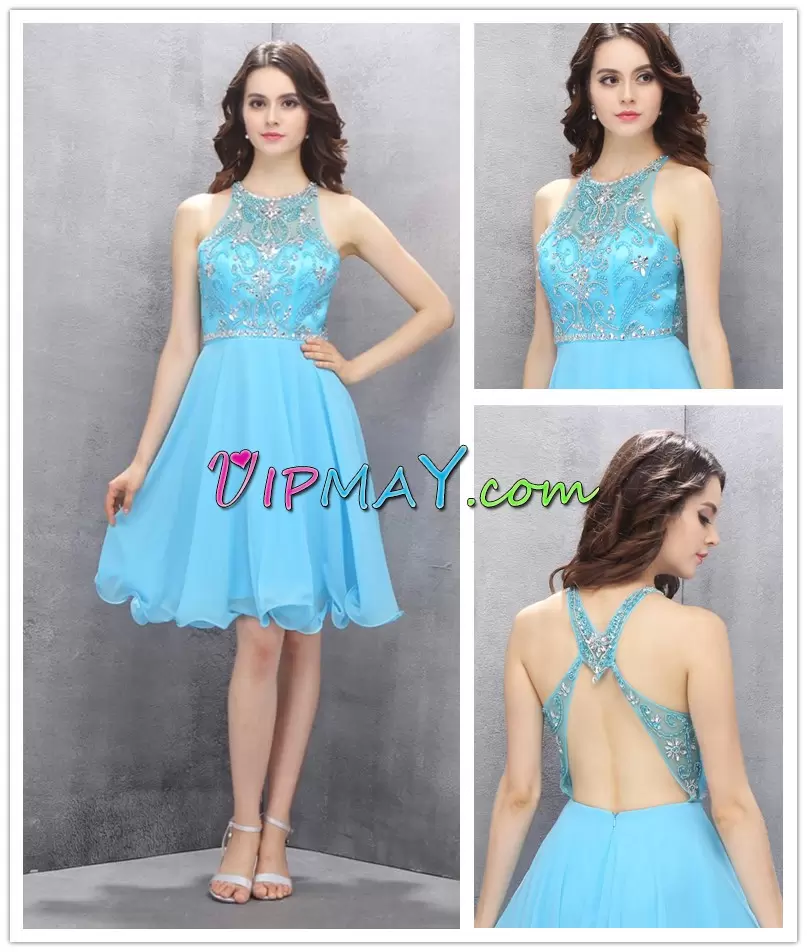 Fantastic Aqua Blue A-line Chiffon Halter Top Sleeveless Beading Knee Length Backless Homecoming Dress