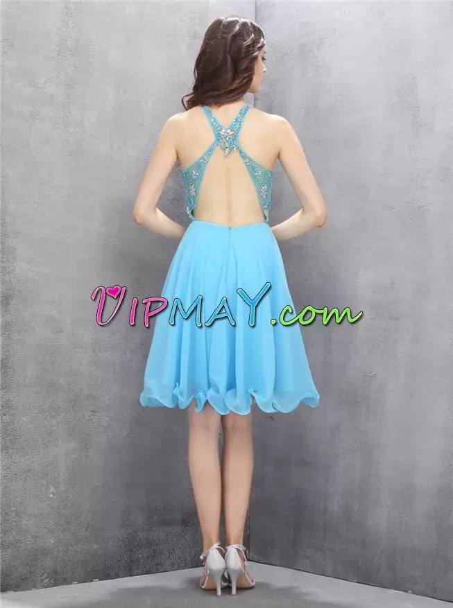 Fantastic Aqua Blue A-line Chiffon Halter Top Sleeveless Beading Knee Length Backless Homecoming Dress